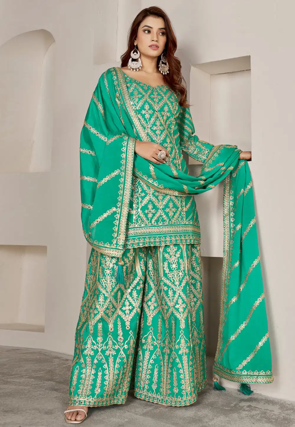 Sea Green Chinon Embroidered Palazzo Suit 293853