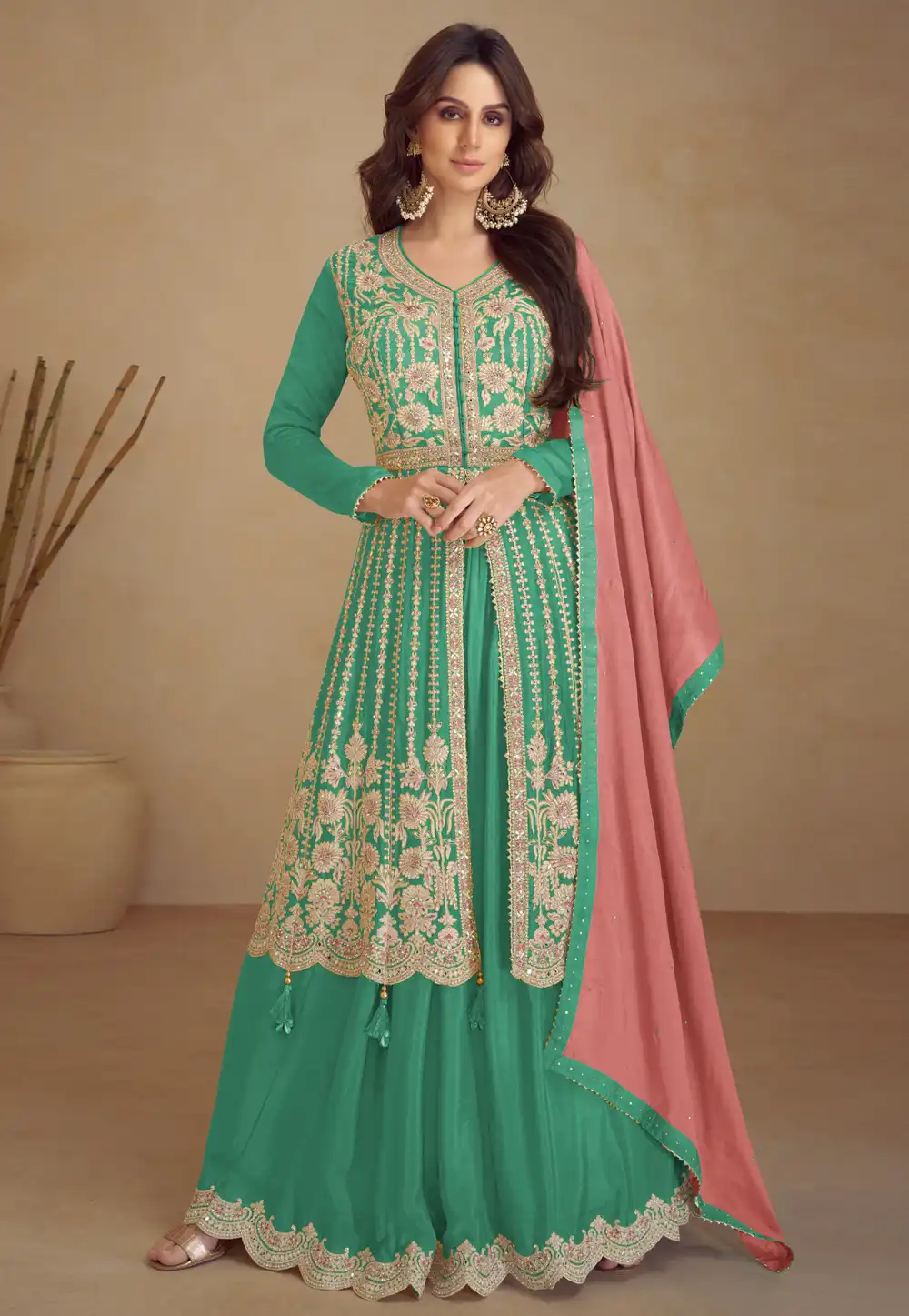 Sea Green Chinon Indo Western Lehenga Choli 293431