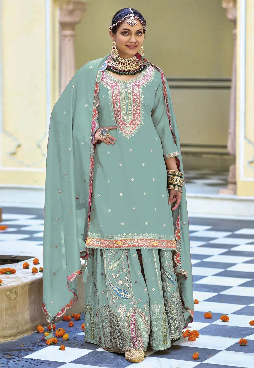 Sea Green Chinon Pakistani Suit 302348