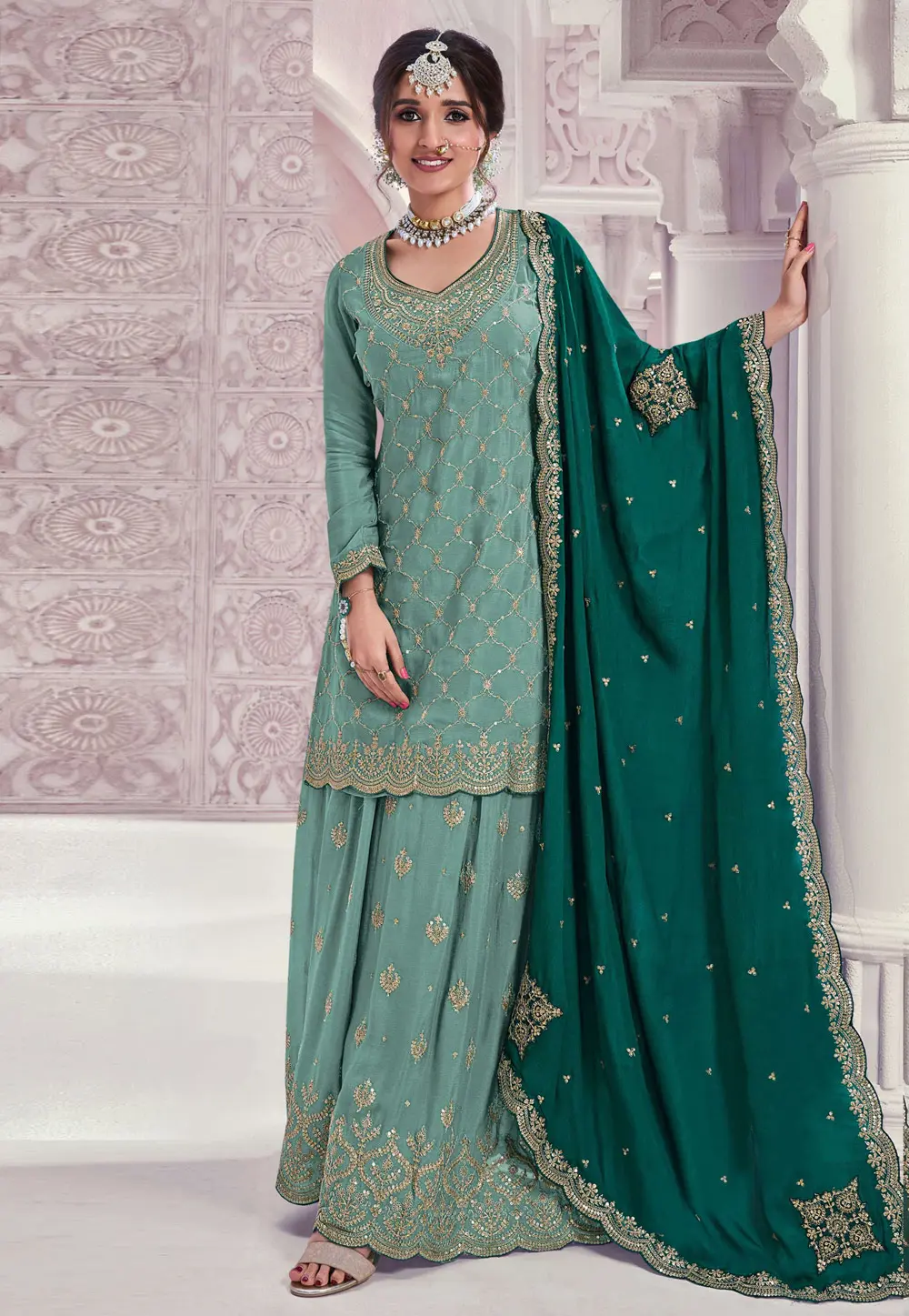 Sea Green Chinon Pakistani Suit 301768