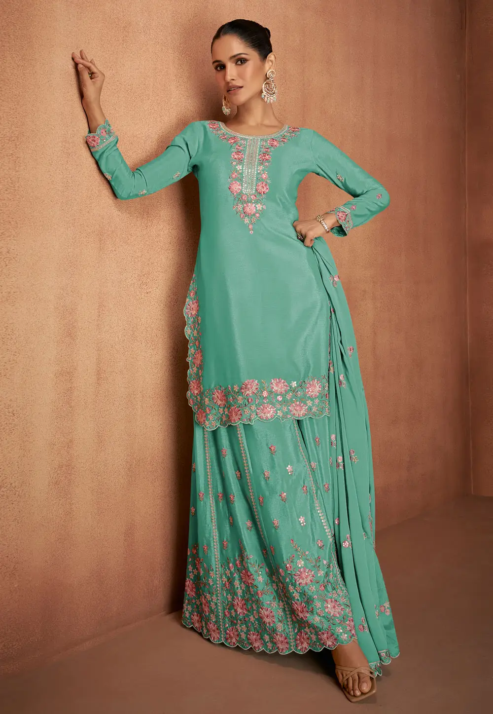 Sea Green Chinon Palazzo Suit 295196