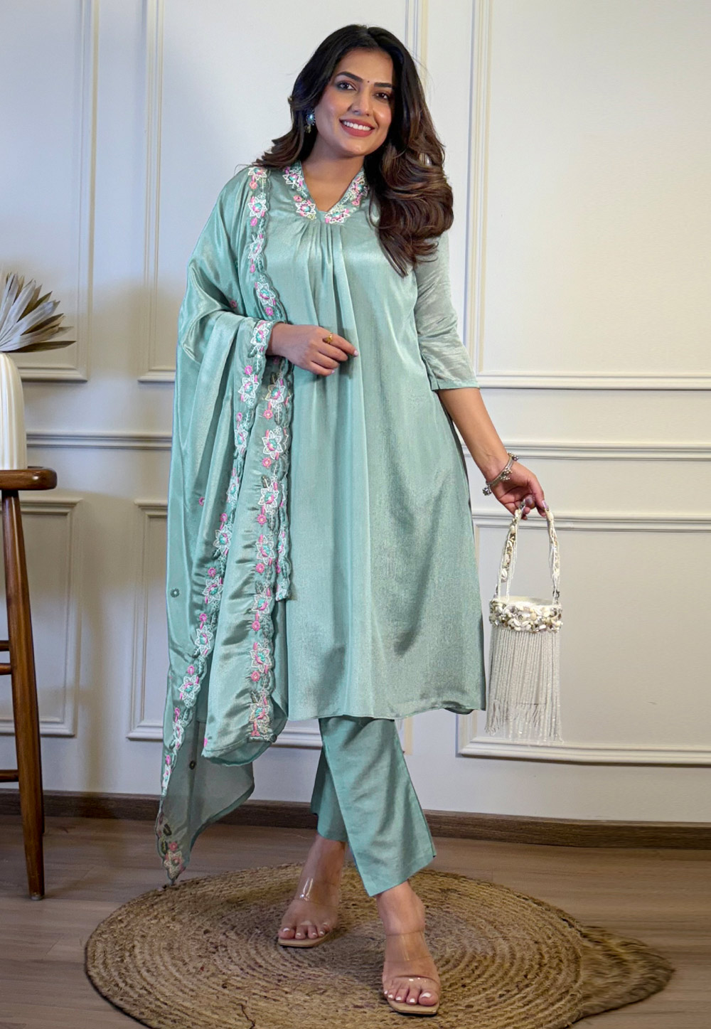 Sea Green Chinon Readymade Anarkali Suit 310305
