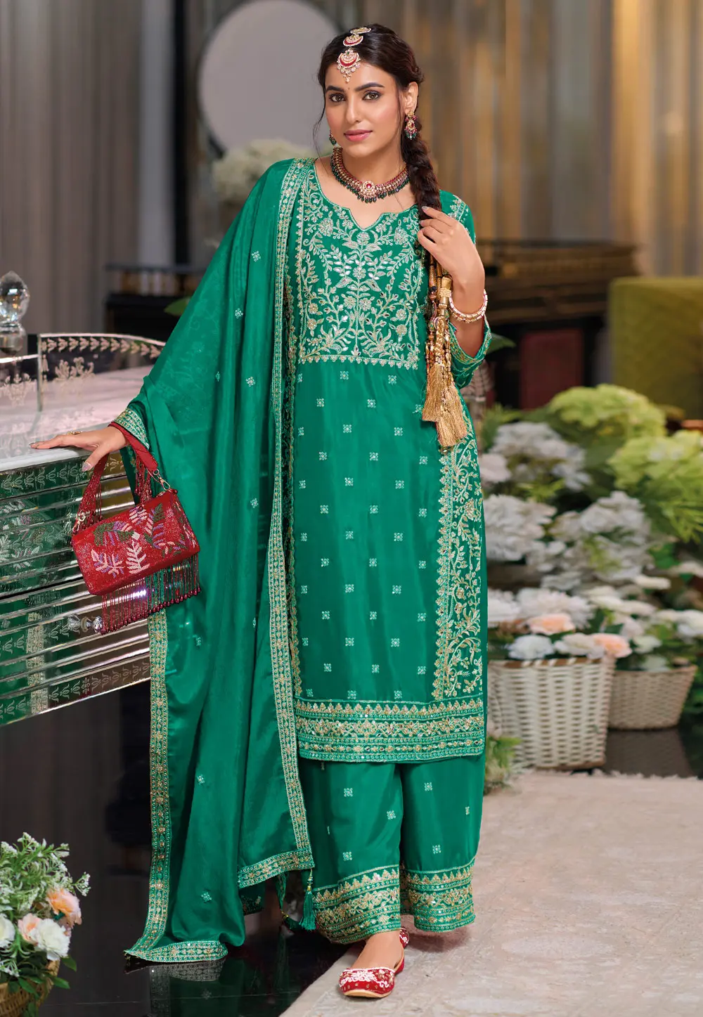 Sea Green Chinon Readymade Pakistani Suit 299325