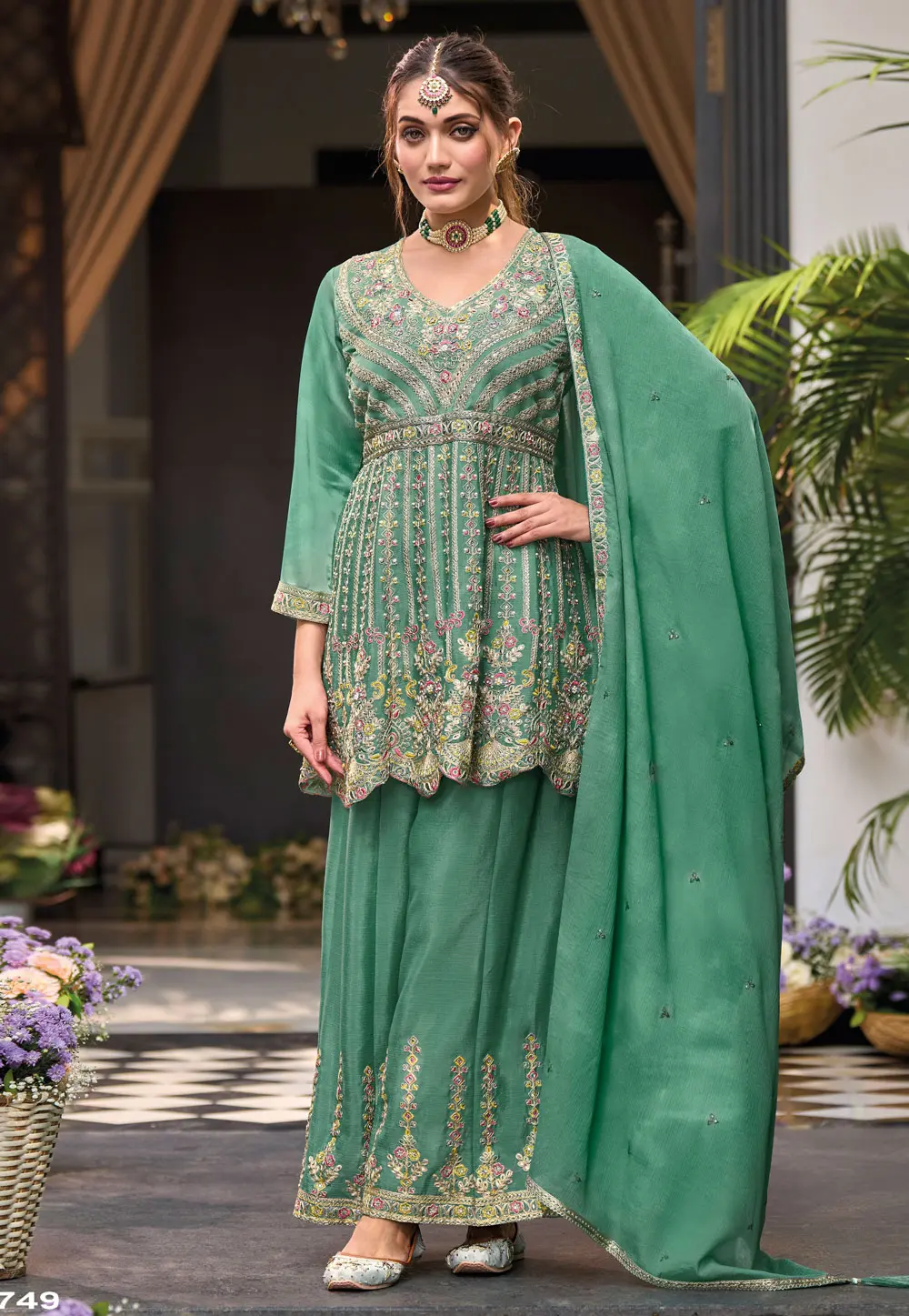 Sea Green Chinon Readymade Pakistani Suit 298555