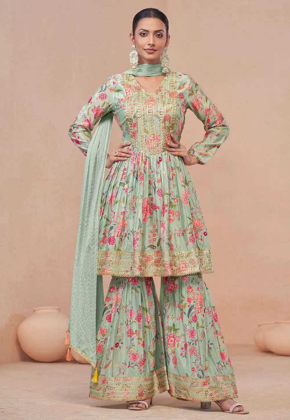 Sea Green Chinon Sharara Suit 291672