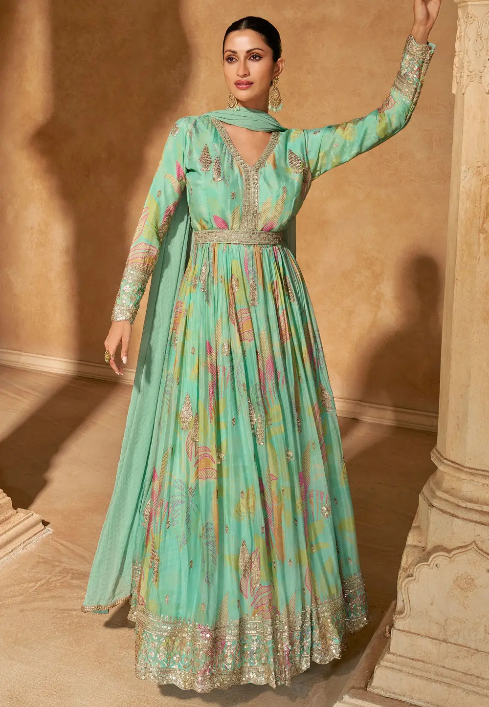 Sea Green Chinon Silk Anarkali Suit 297137