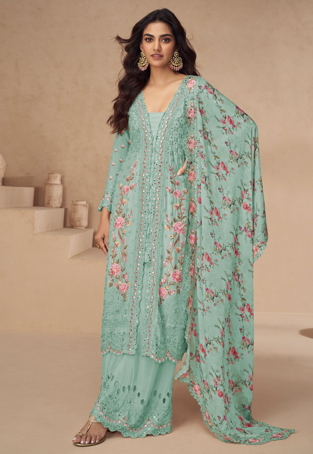 Sea Green Chinon Silk Embroidered Palazzo Suit 309333