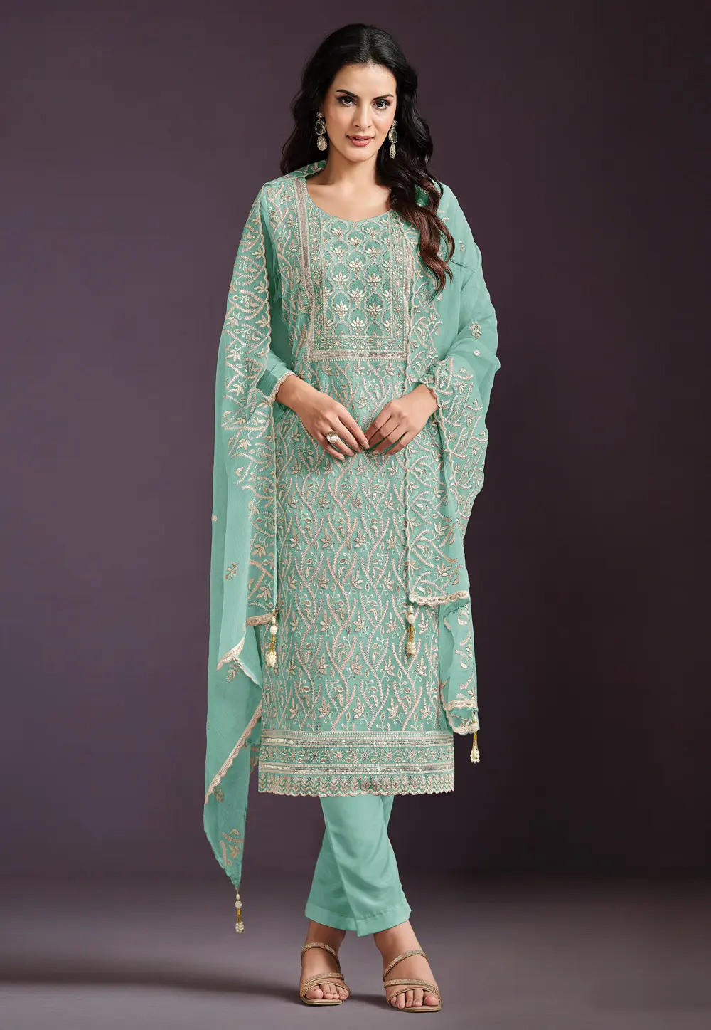 Sea Green Chinon Silk Embroidered Straight Suit 303893