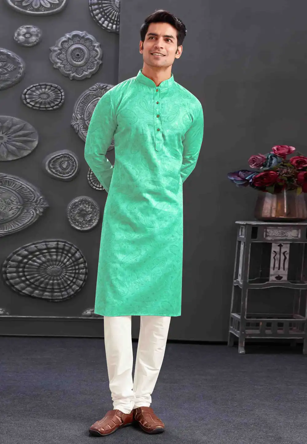 Sea Green Cotton Kurta Pajama 288045