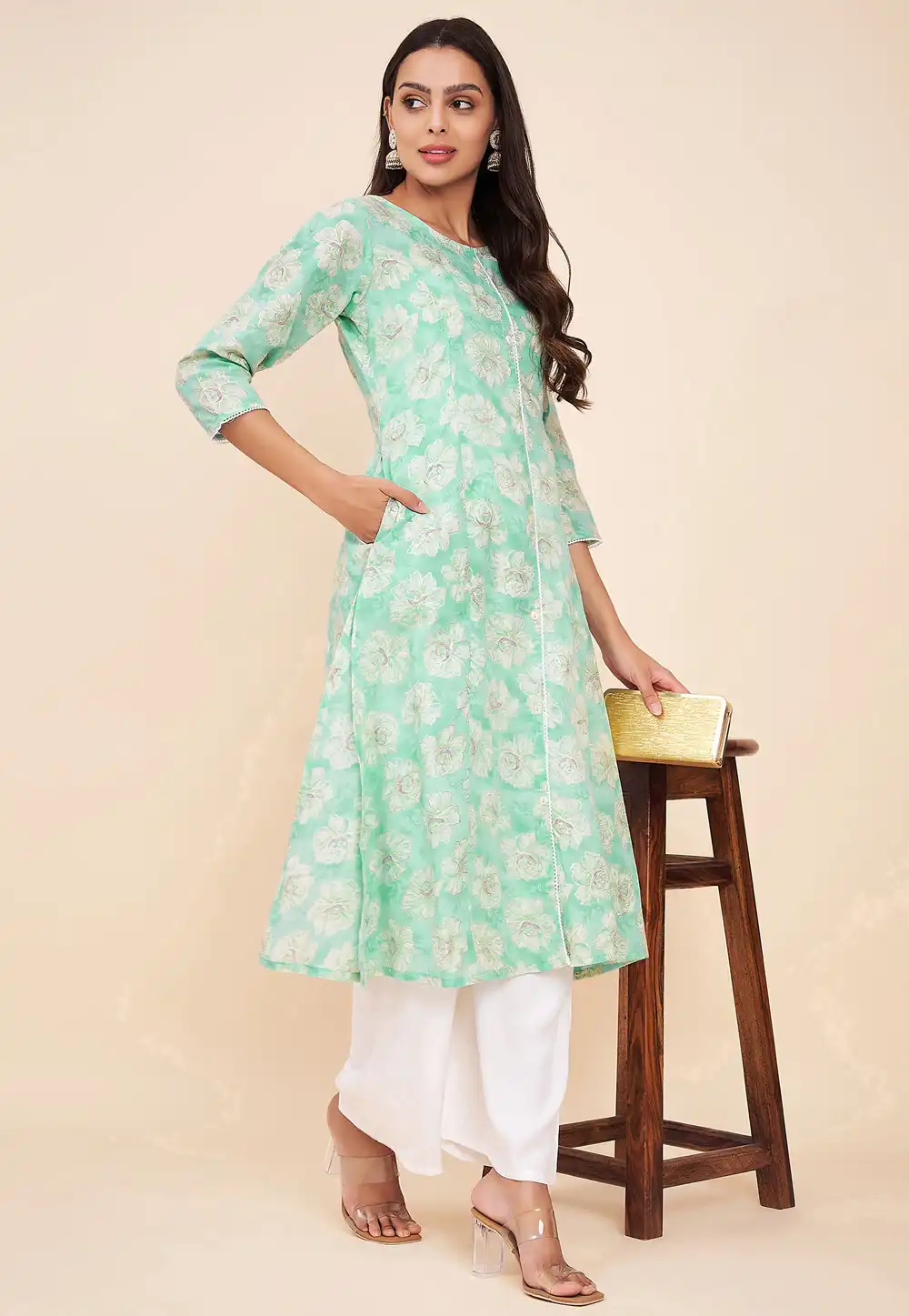 Sea Green Cotton Kurta Set With Palazzo 290253