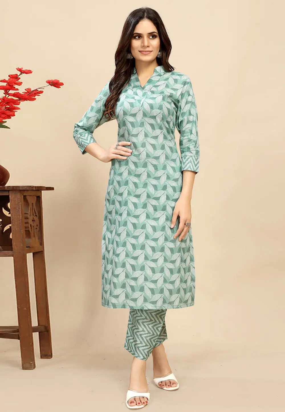 Sea Green Cotton Kurta Set With Pent 295309