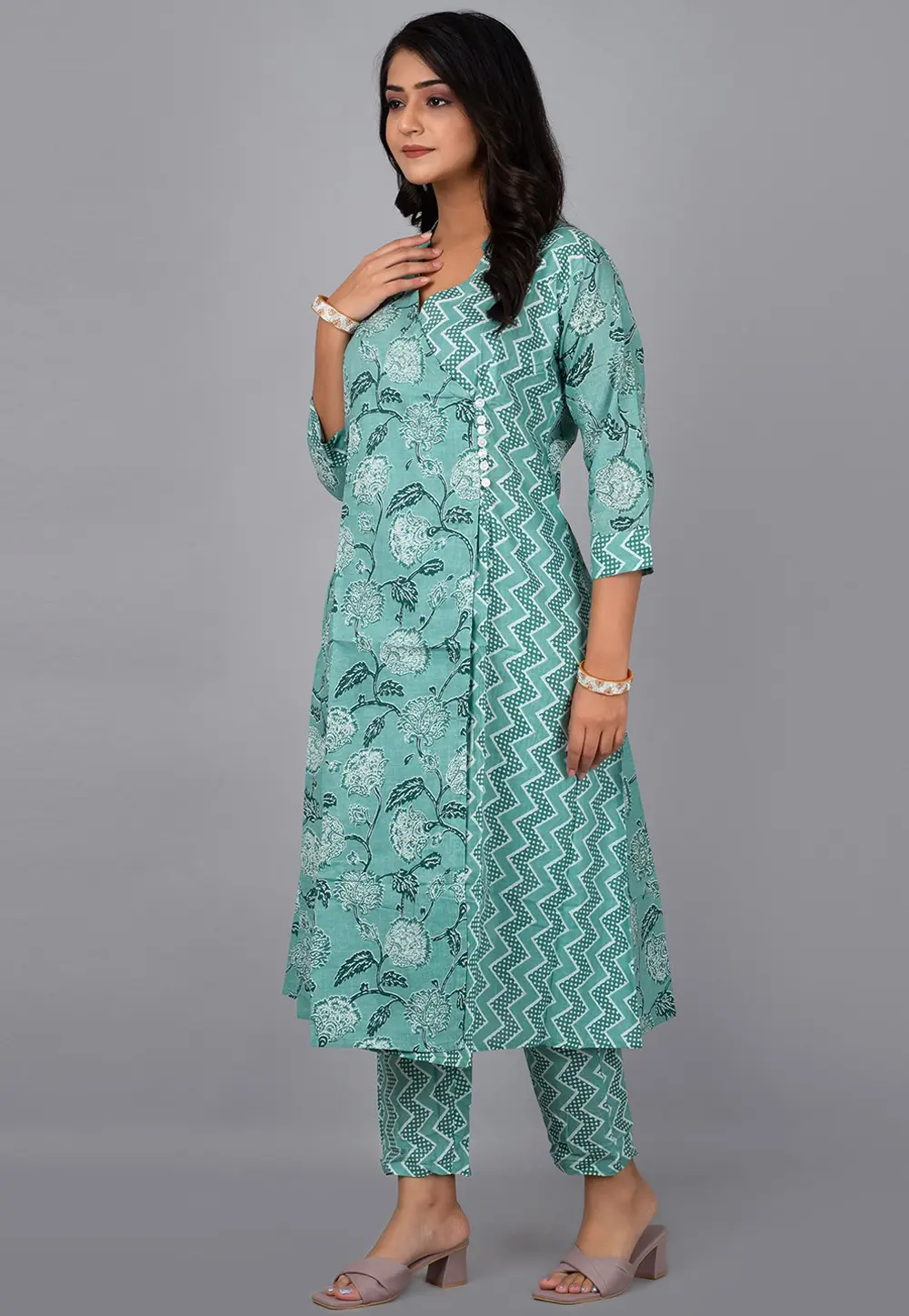 Sea Green Cotton Kurta Set With Pent 302748