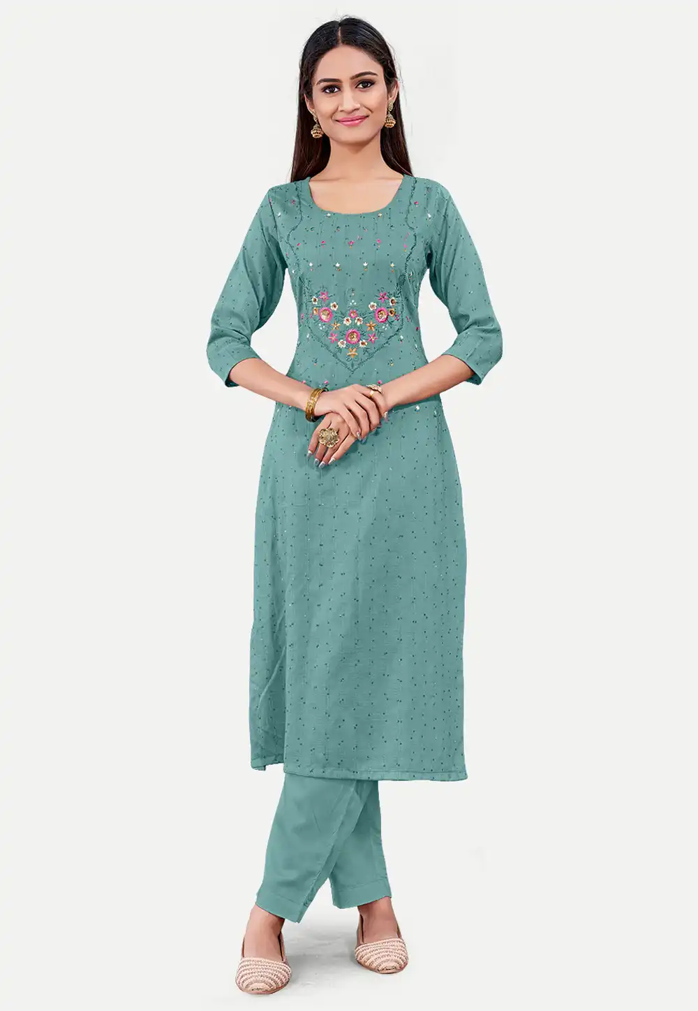 Sea Green Cotton Long Kurti 288088