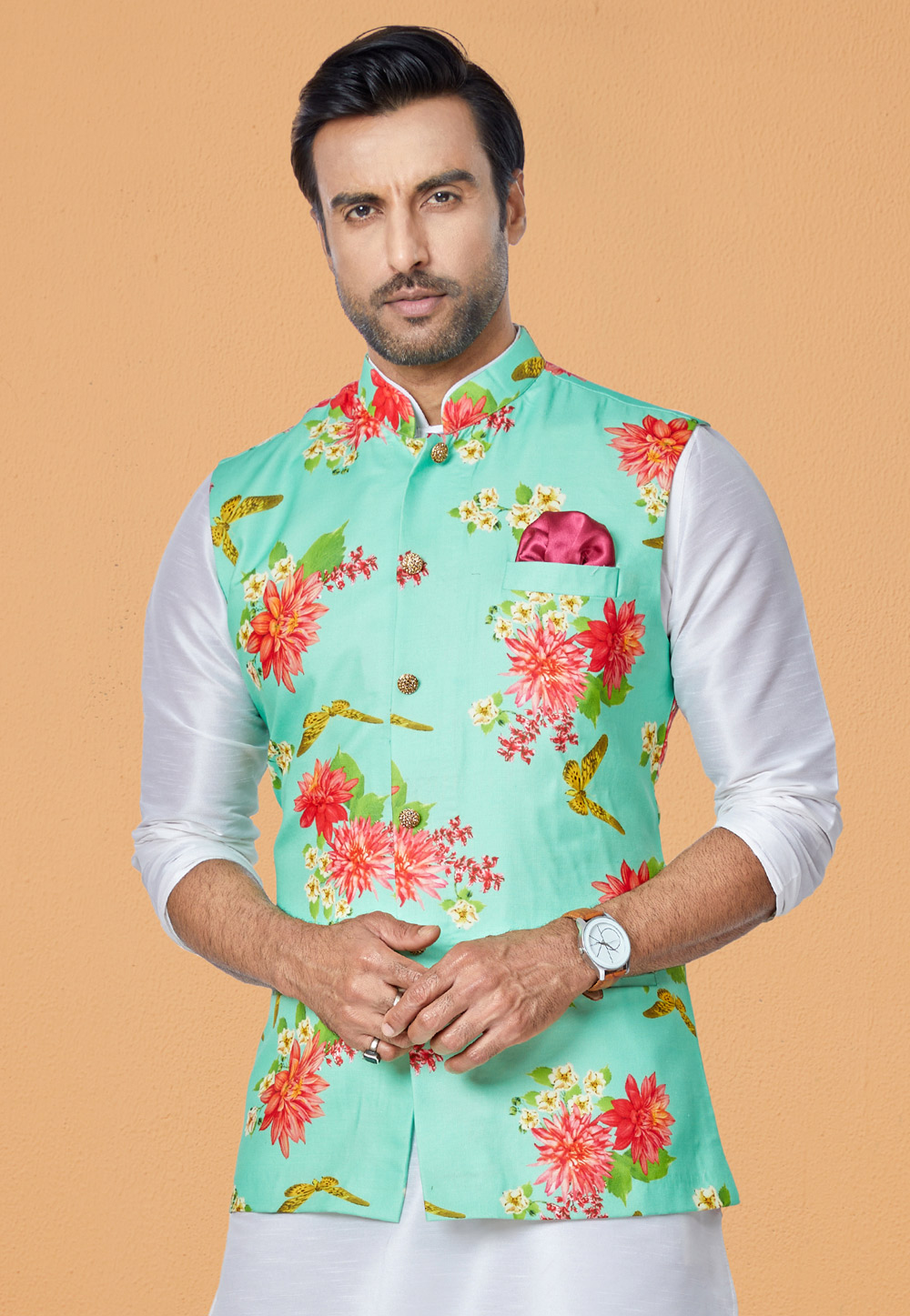 Sea Green Cotton Nehru Jacket 286784