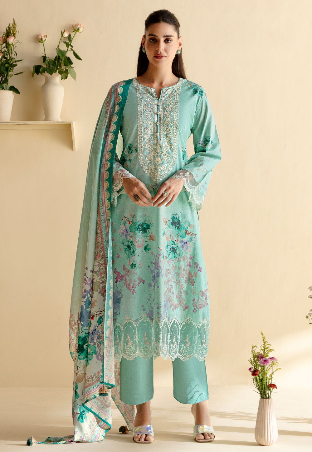 Sea Green Cotton Pakistani Suit 309302