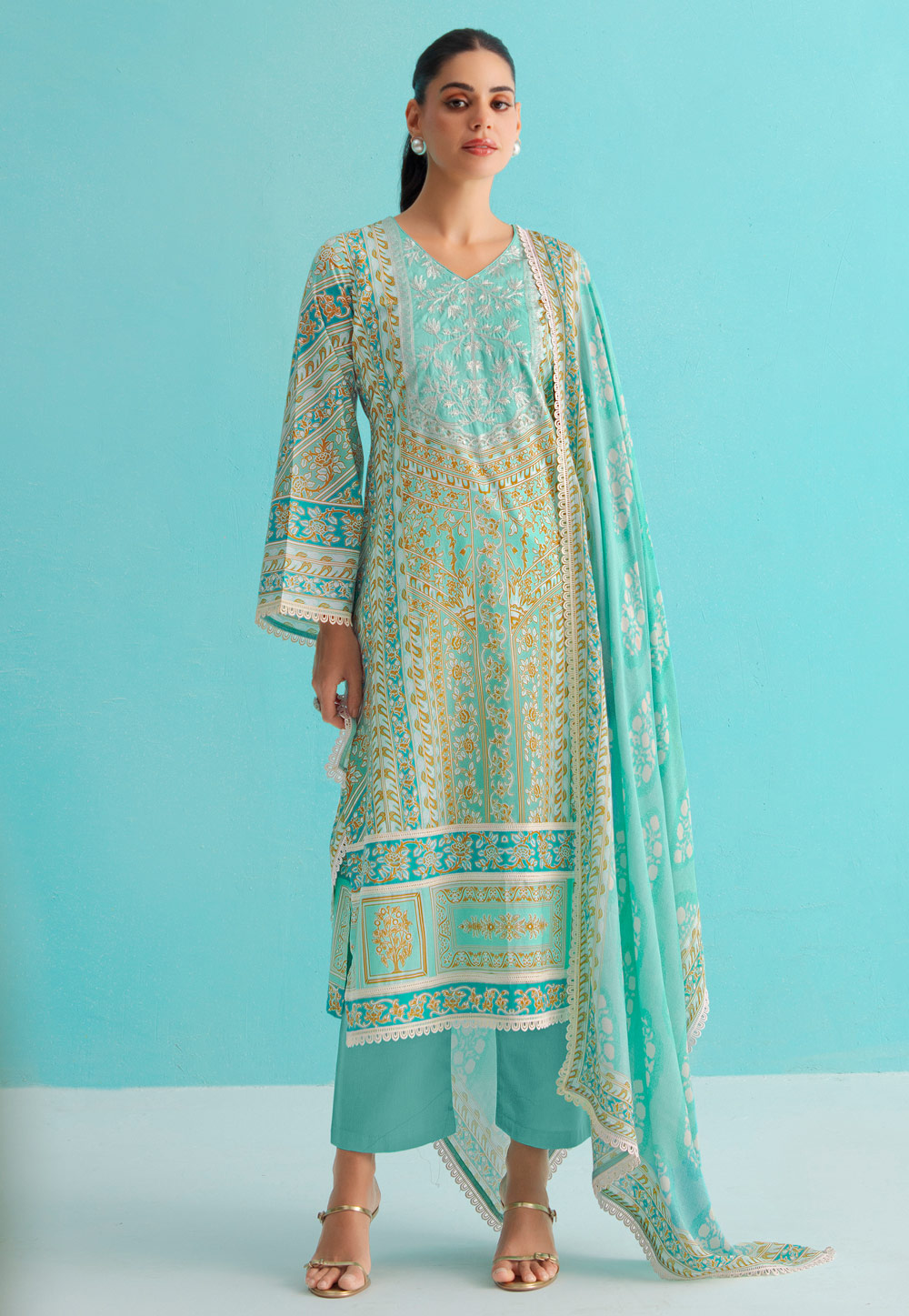 Sea Green Cotton Pant Style Suit 309317