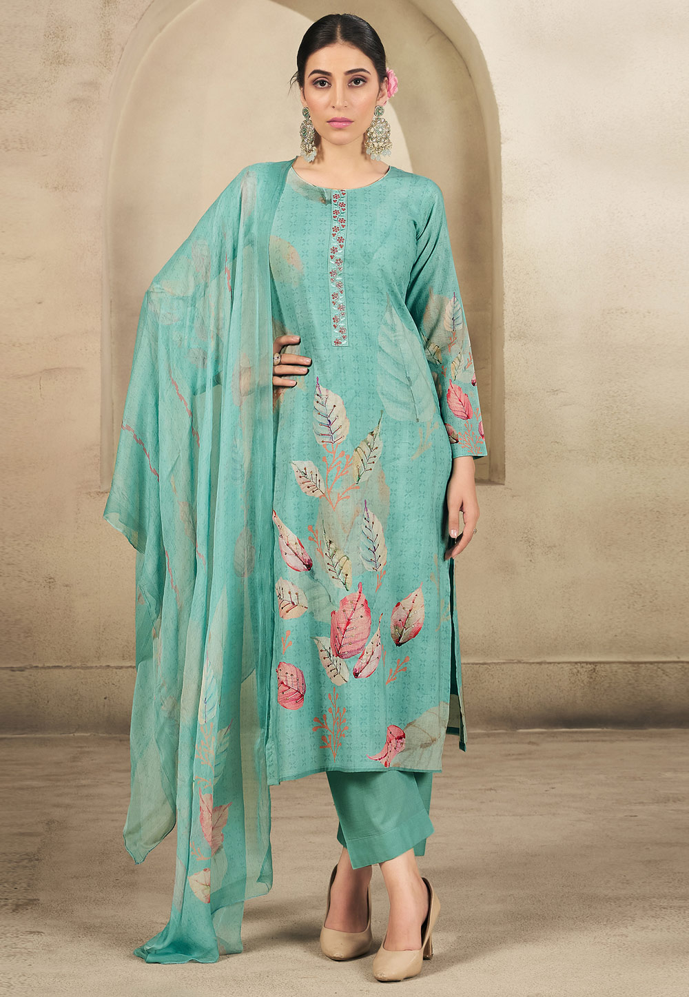Sea Green Cotton Pant Style Suit 311045