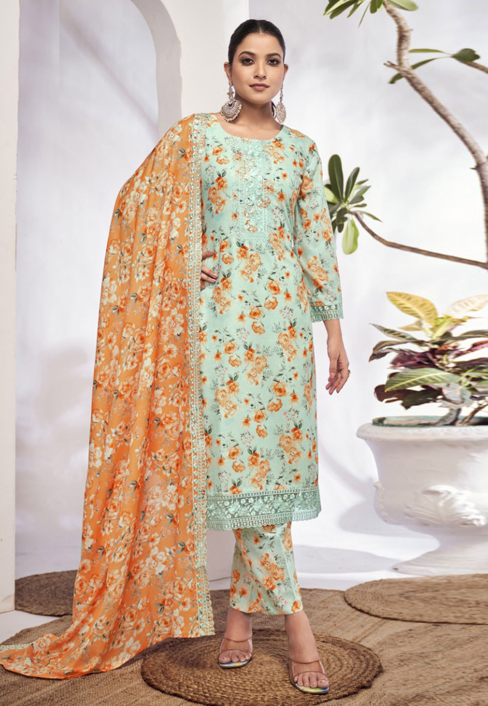 Sea Green Cotton Pant Style Suit 287088