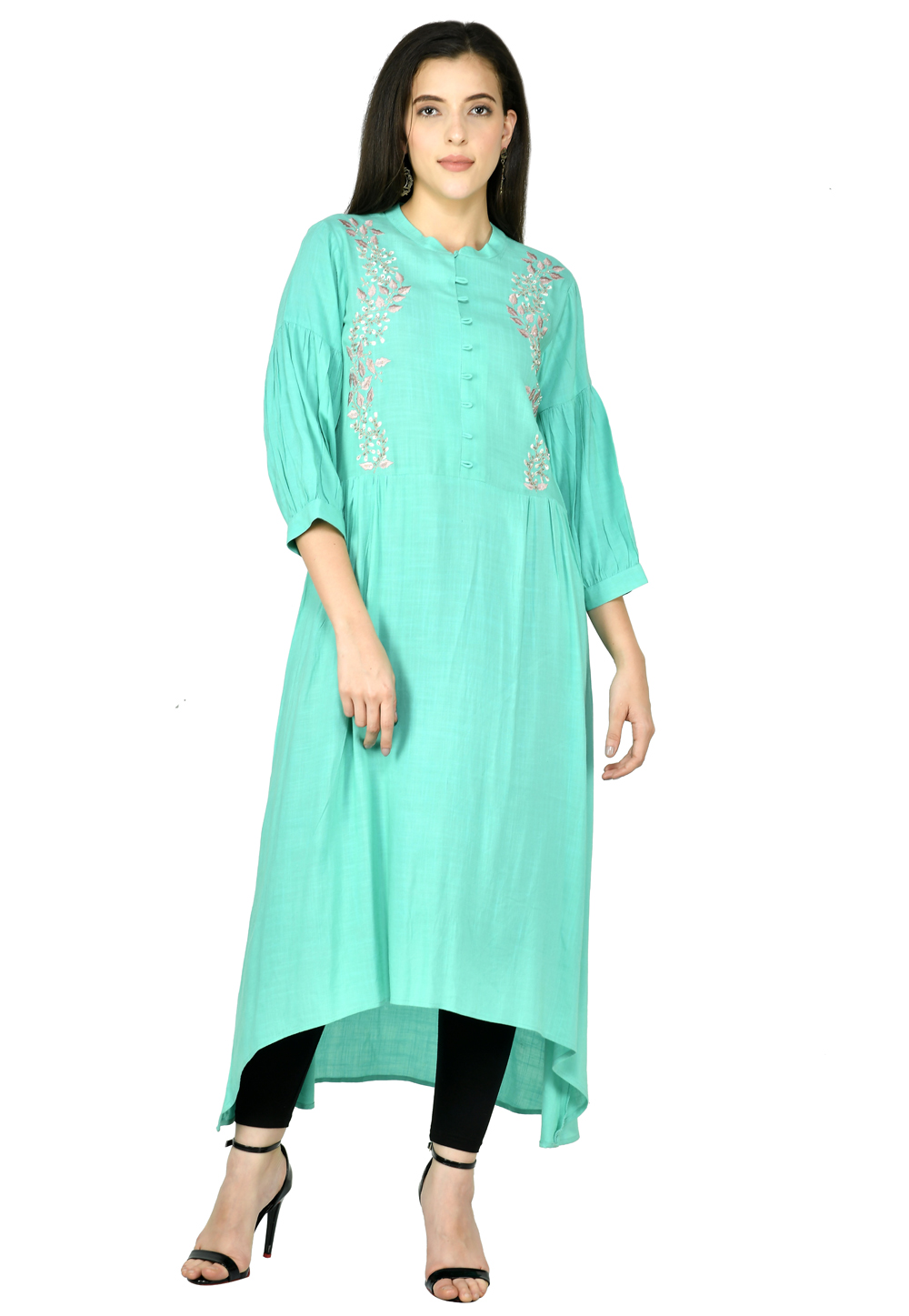 Sea Green Cotton Rayon Kurta Set With Legging 305468