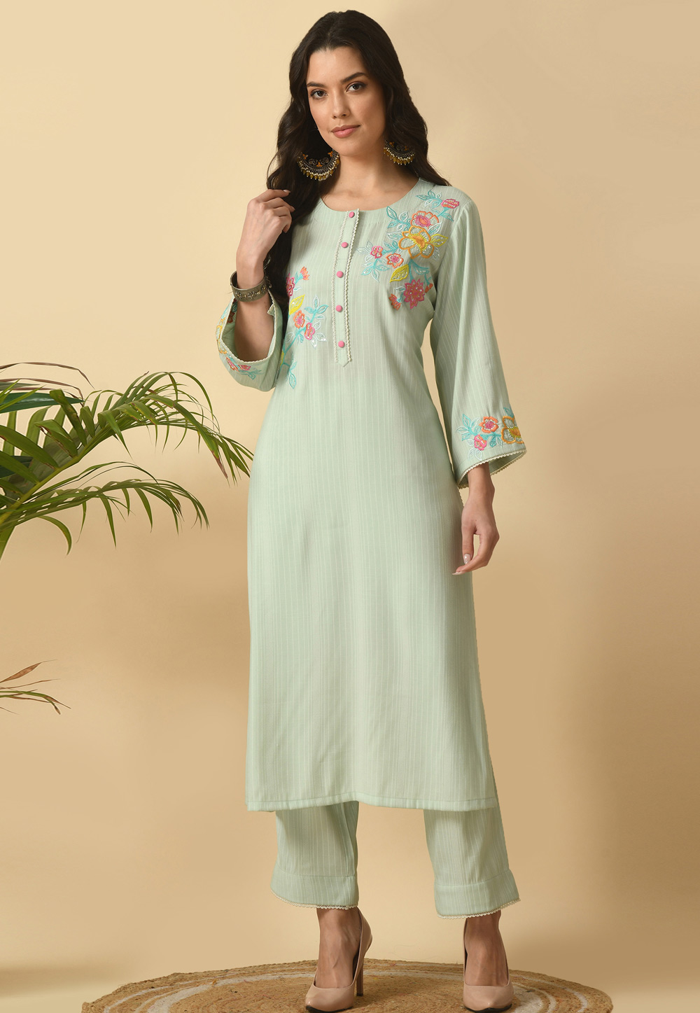 Sea Green Cotton Rayon Kurta Set With Pent 305487