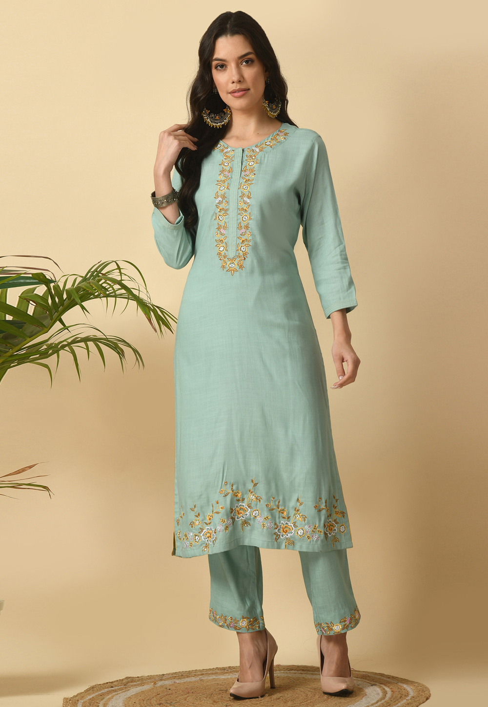 Sea Green Cotton Rayon Kurta Set With Pent 305494