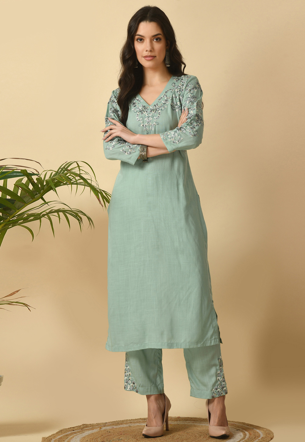 Sea Green Cotton Rayon Kurta Set With Pent 305496