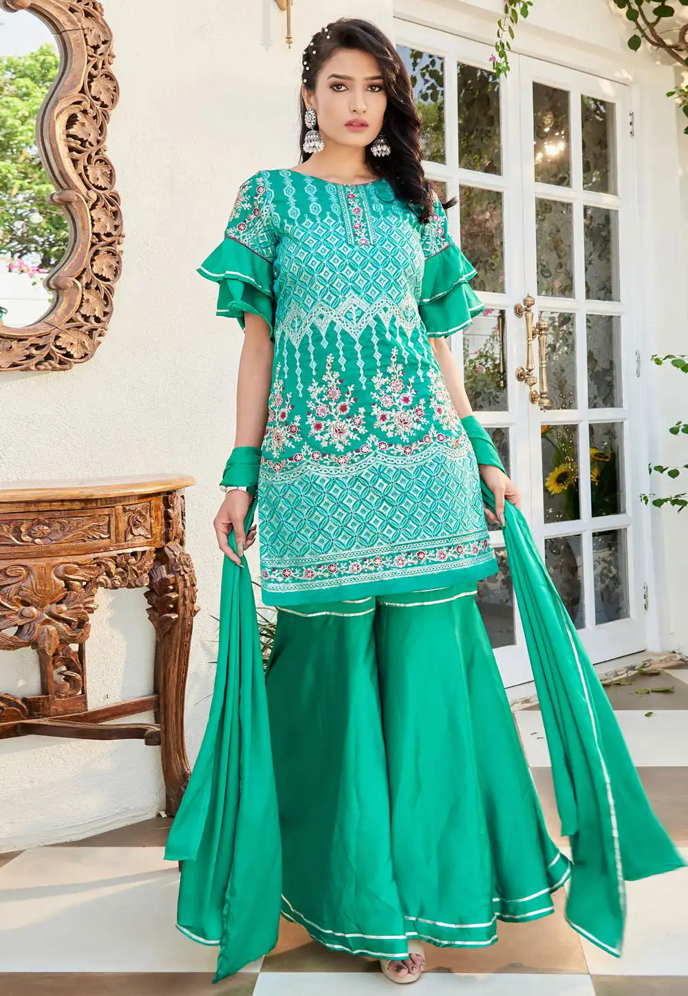 Sea Green Cotton Readymade Gharara Suit 288964