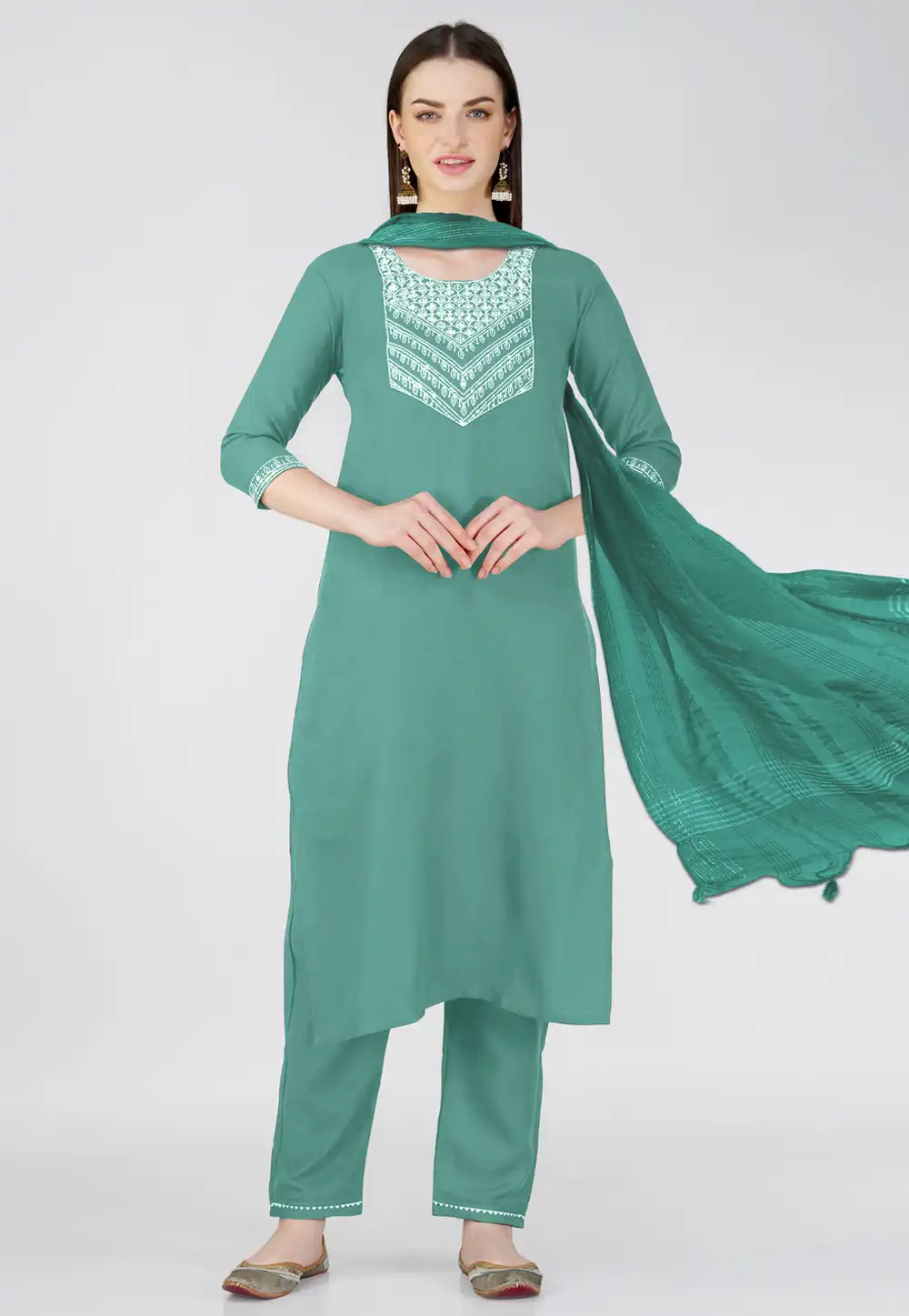 Sea Green Cotton Readymade Pakistani Suit 290619