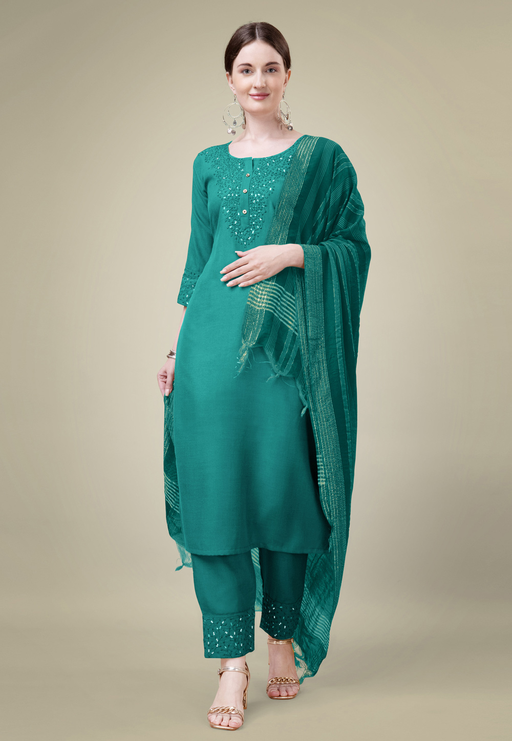 Sea Green Cotton Readymade Pakistani Suit 284729