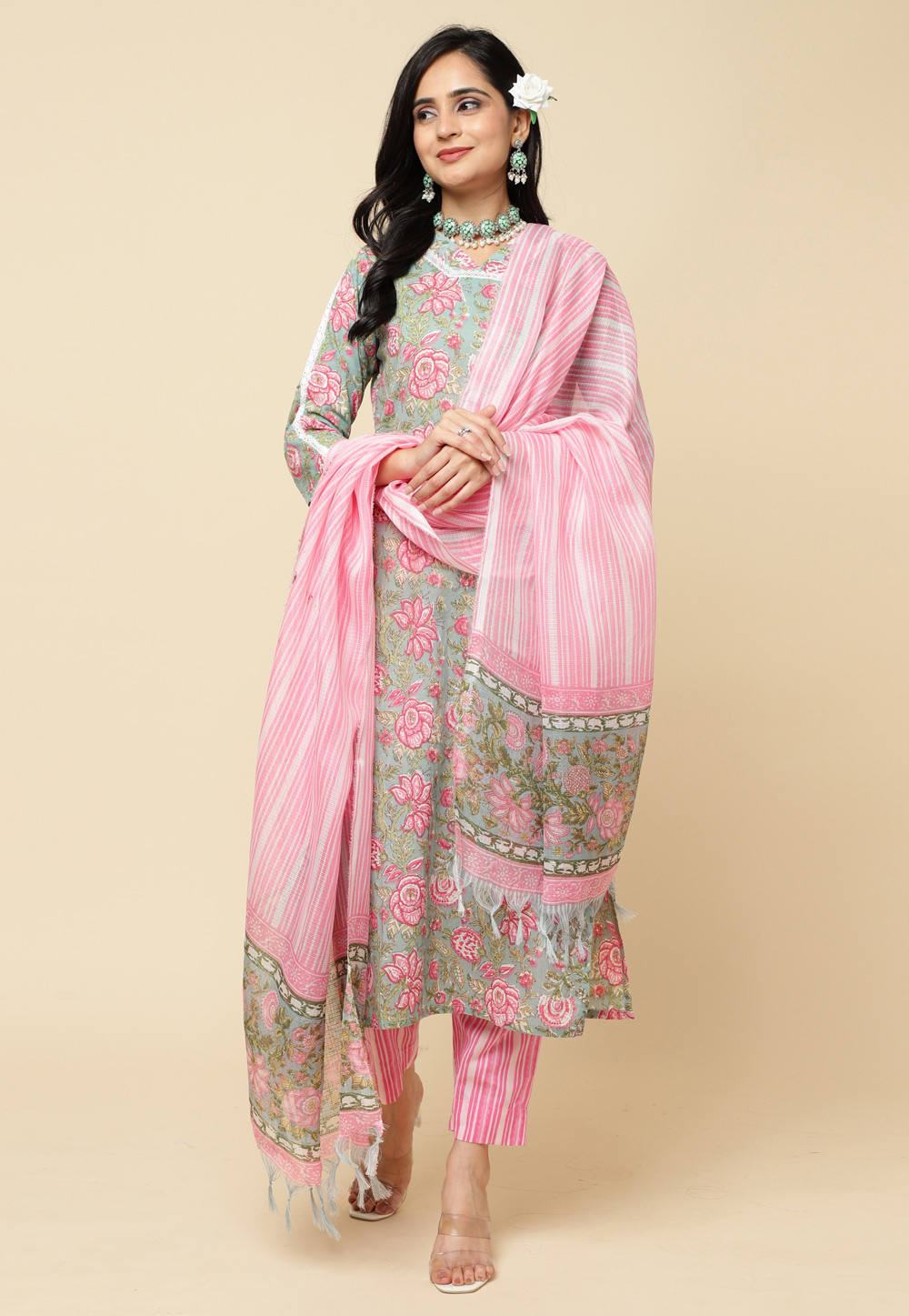 Sea Green Cotton Readymade Pakistani Suit 285187