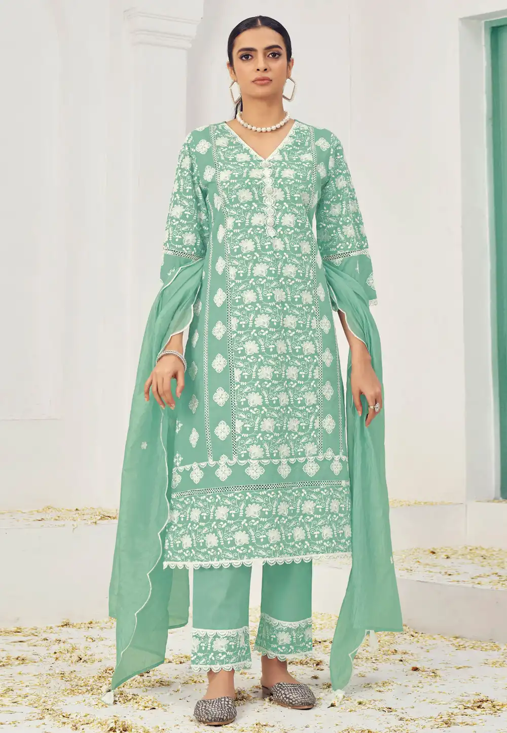 Sea Green Cotton Readymade Pakistani Suit 288485