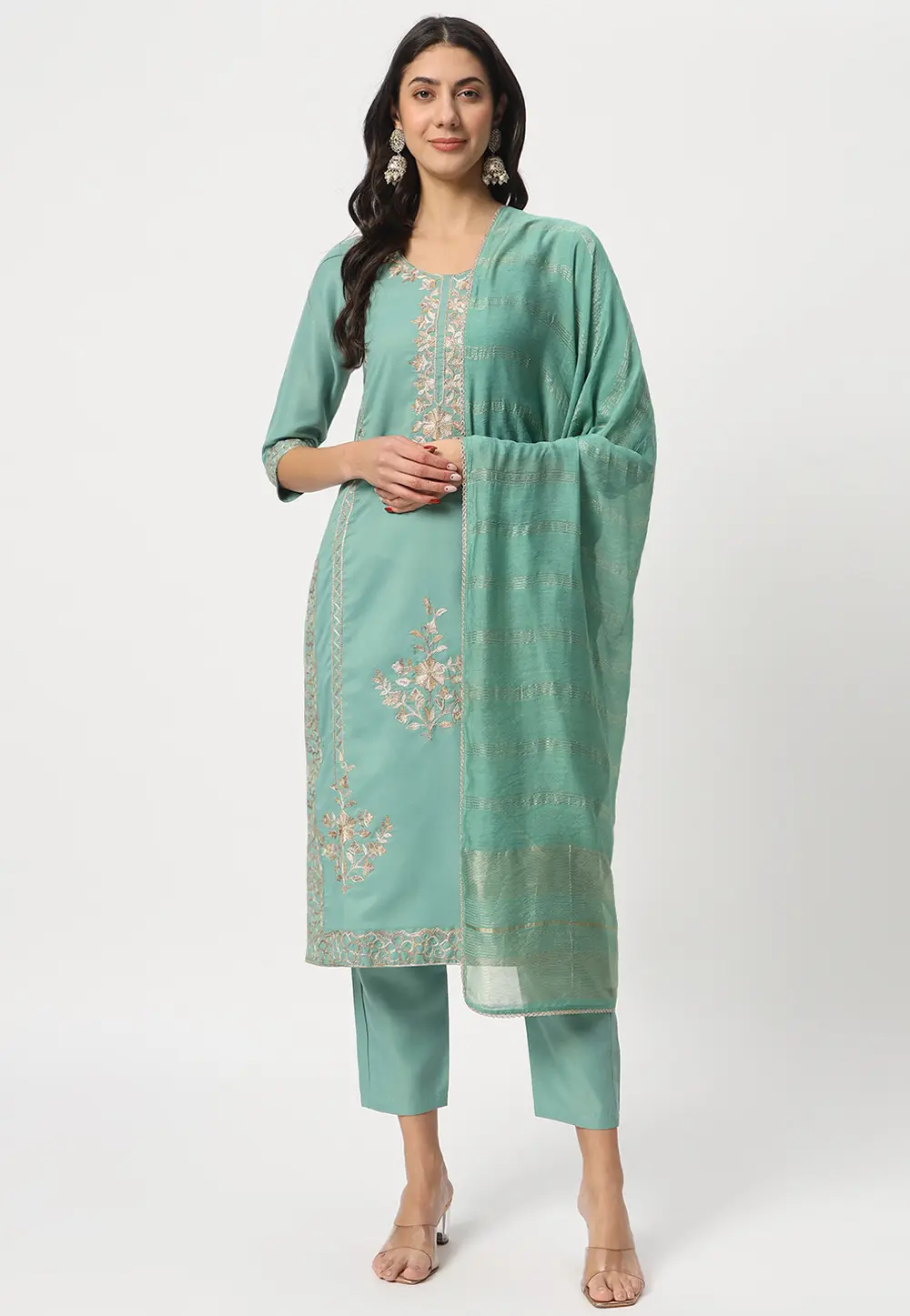 Sea Green Cotton Readymade Pakistani Suit 300366