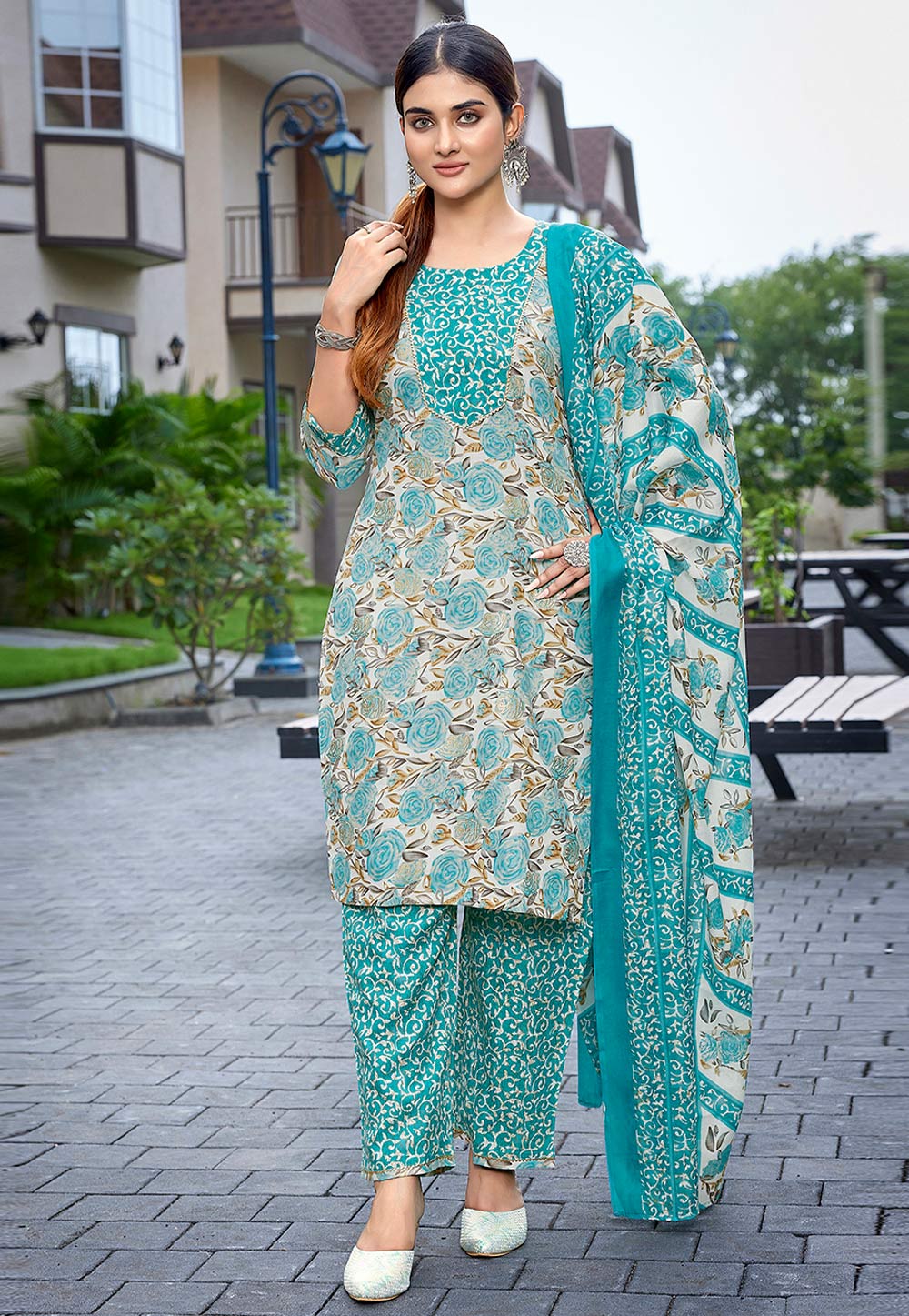 Sea Green Cotton Readymade Pakistani Suit 305873