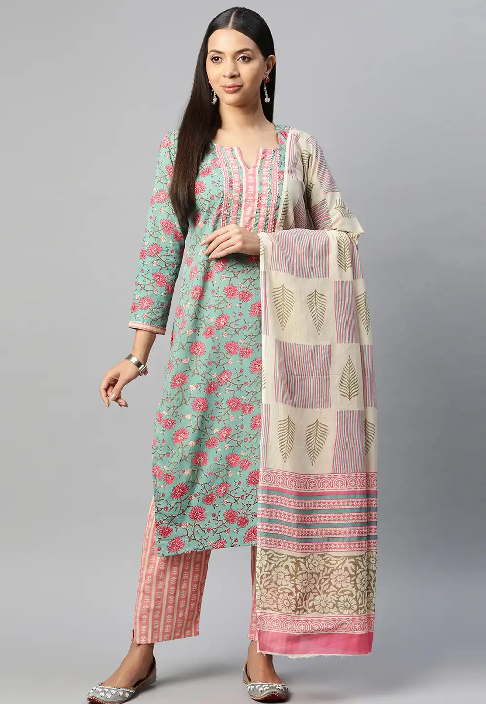 Sea Green Cotton Readymade Pakistani Suit 292625