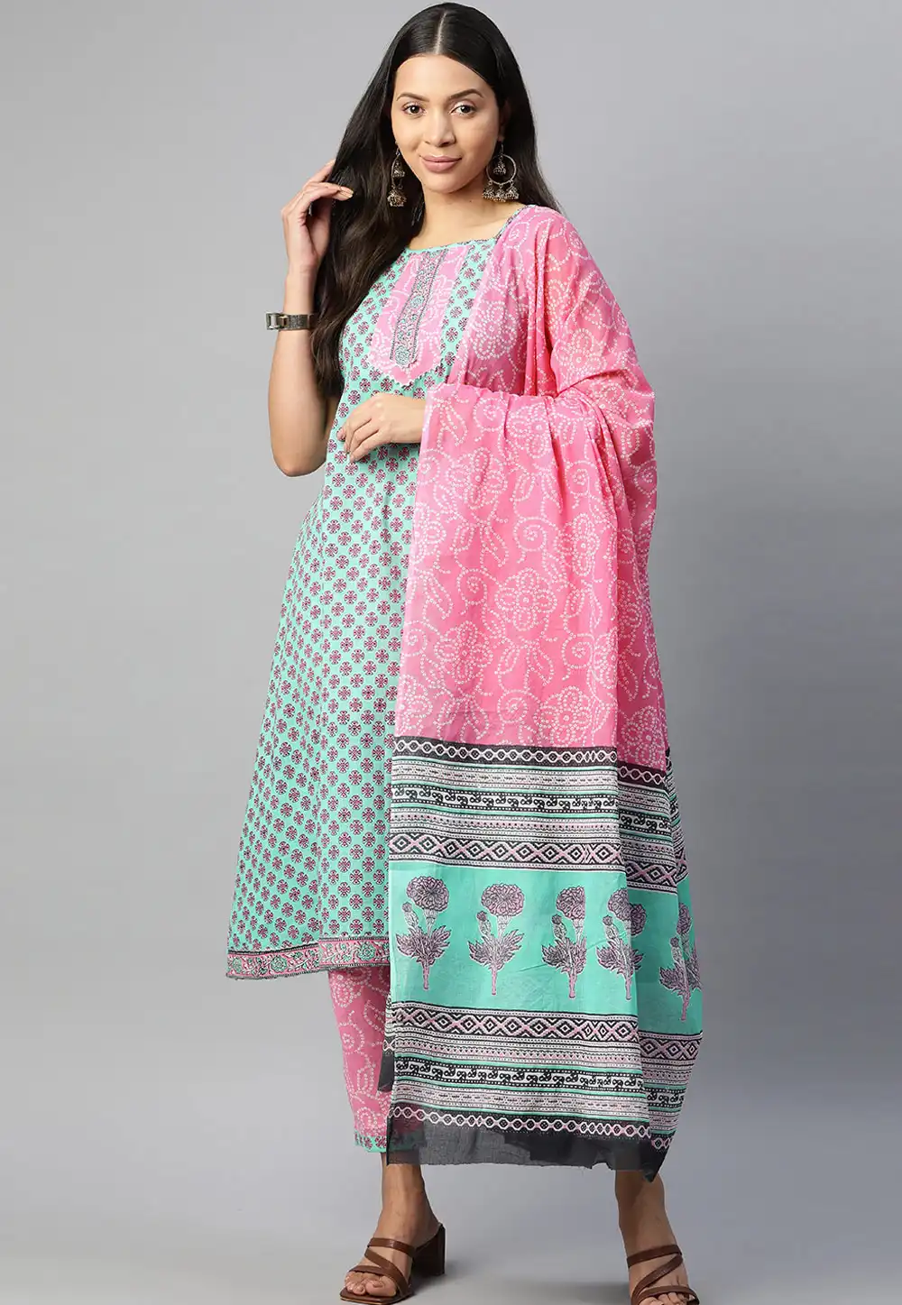 Sea Green Cotton Readymade Pakistani Suit 292639