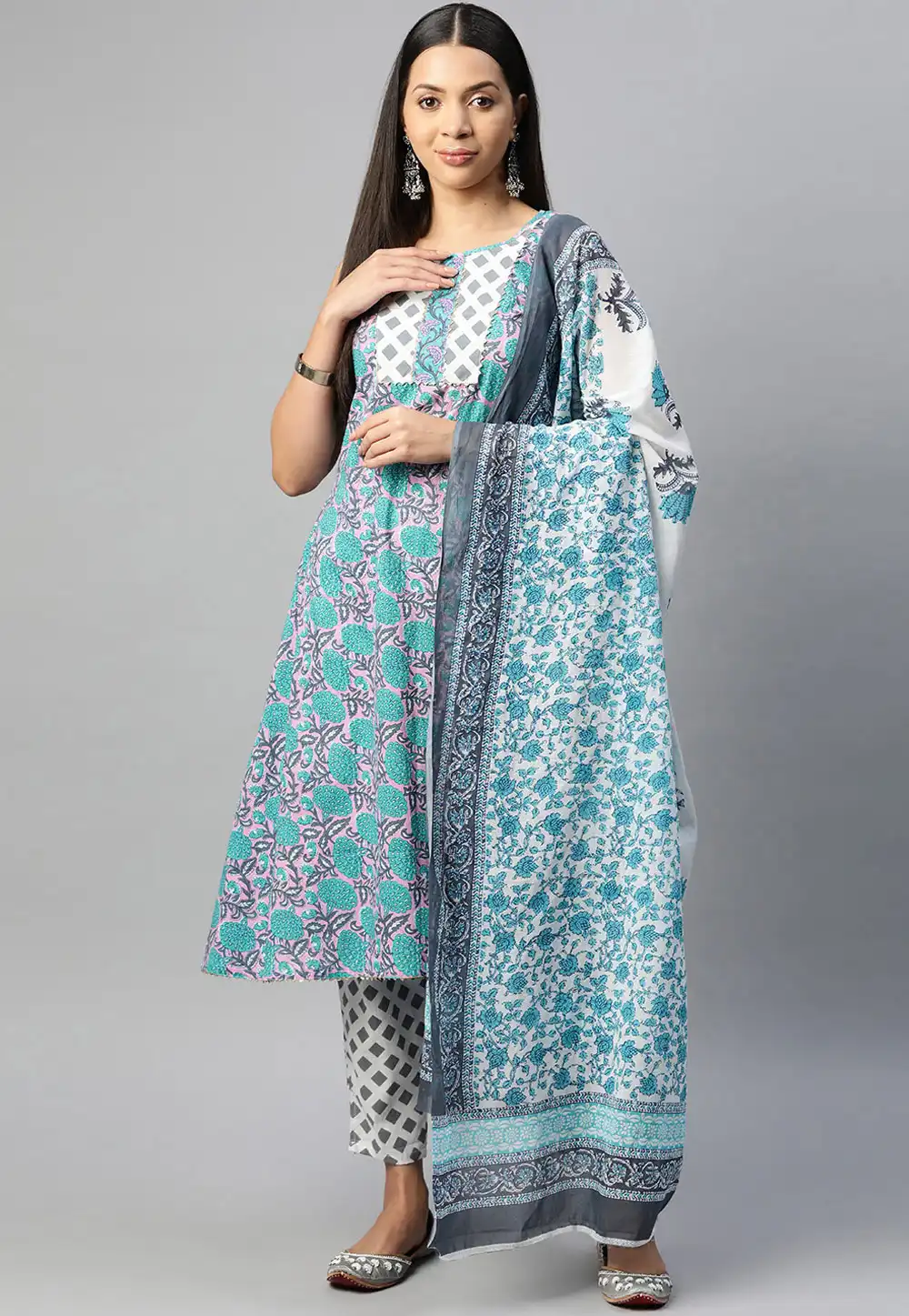 Sea Green Cotton Readymade Pakistani Suit 292641