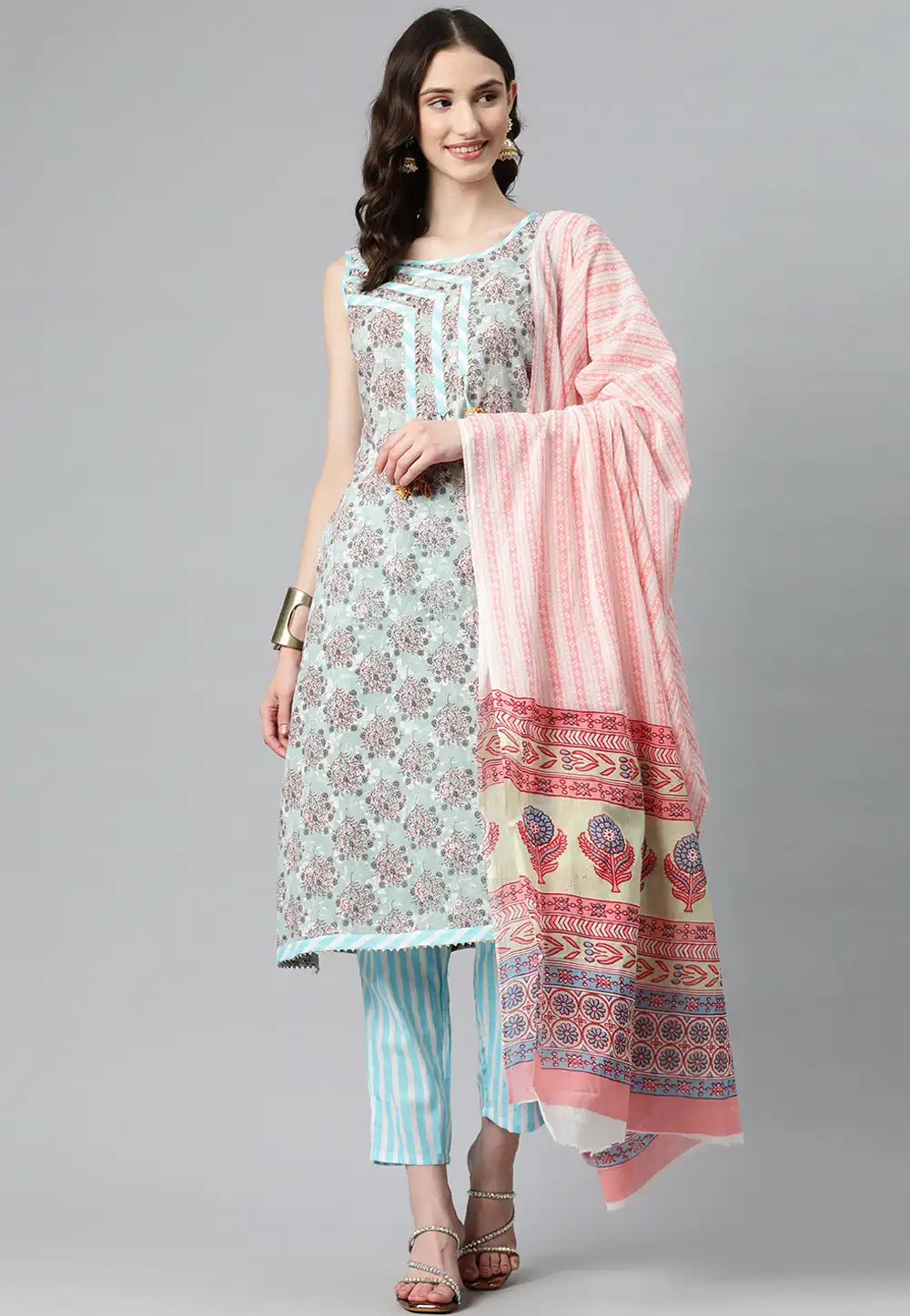 Sea Green Cotton Readymade Pakistani Suit 292653