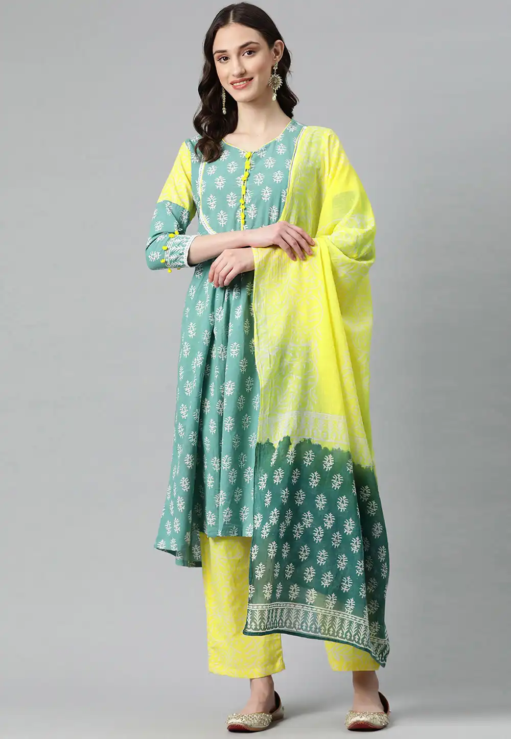 Sea Green Cotton Readymade Palazzo Suit 292658