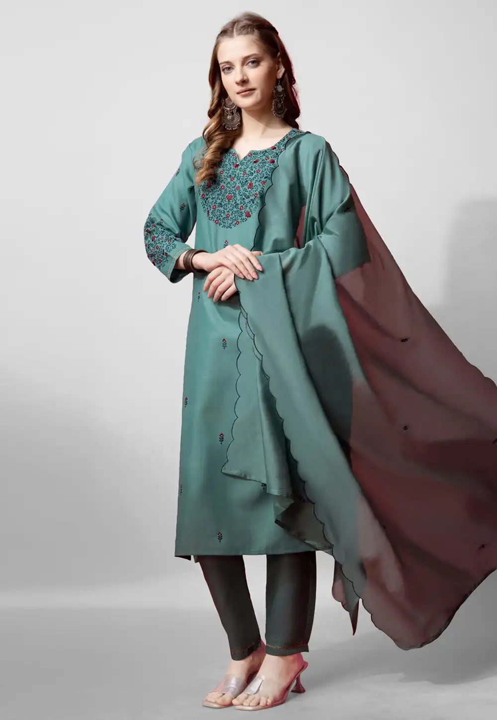 Sea Green Cotton Readymade Pant Style Suit 290729