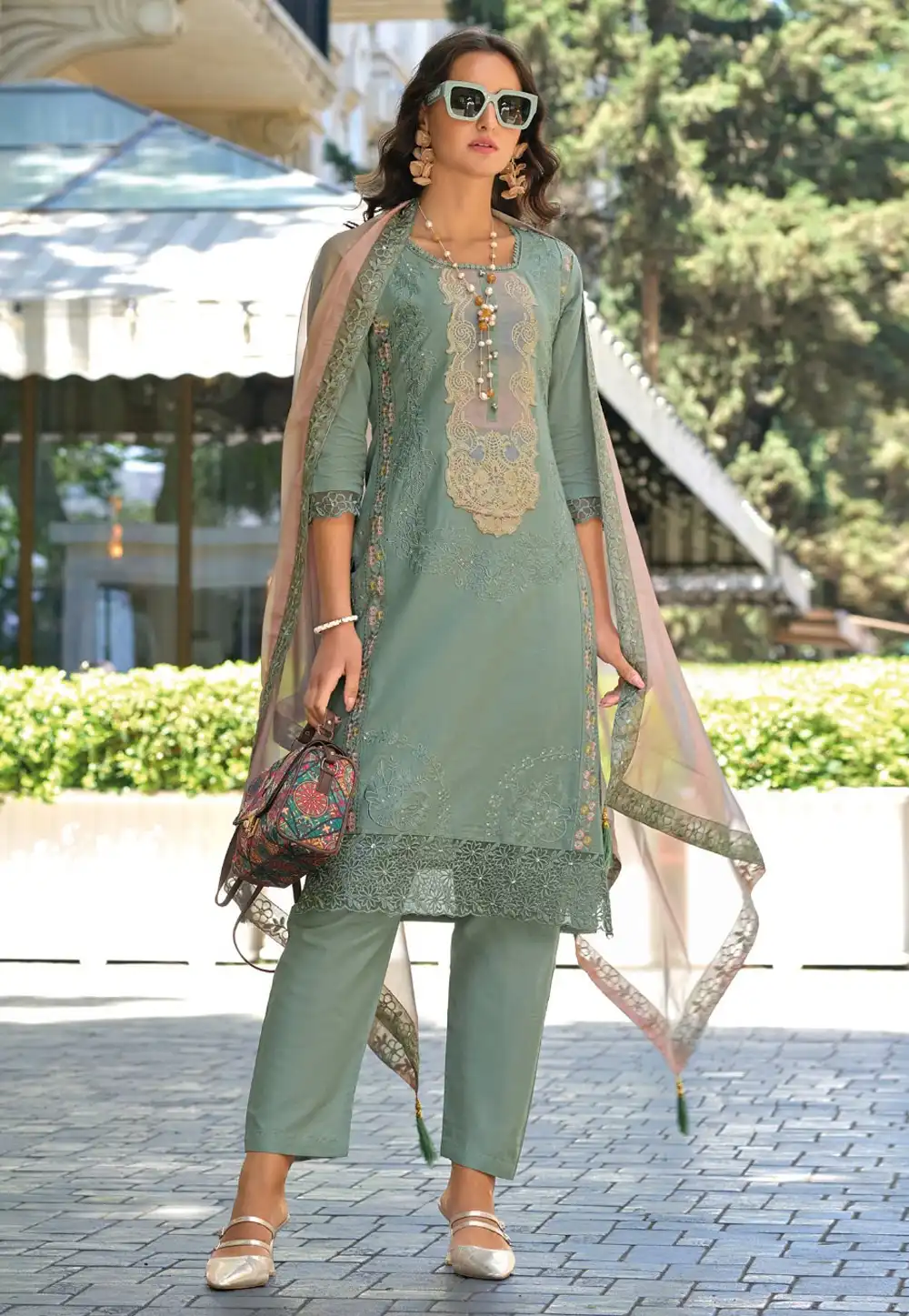 Sea Green Cotton Readymade Pant Style Suit 290527