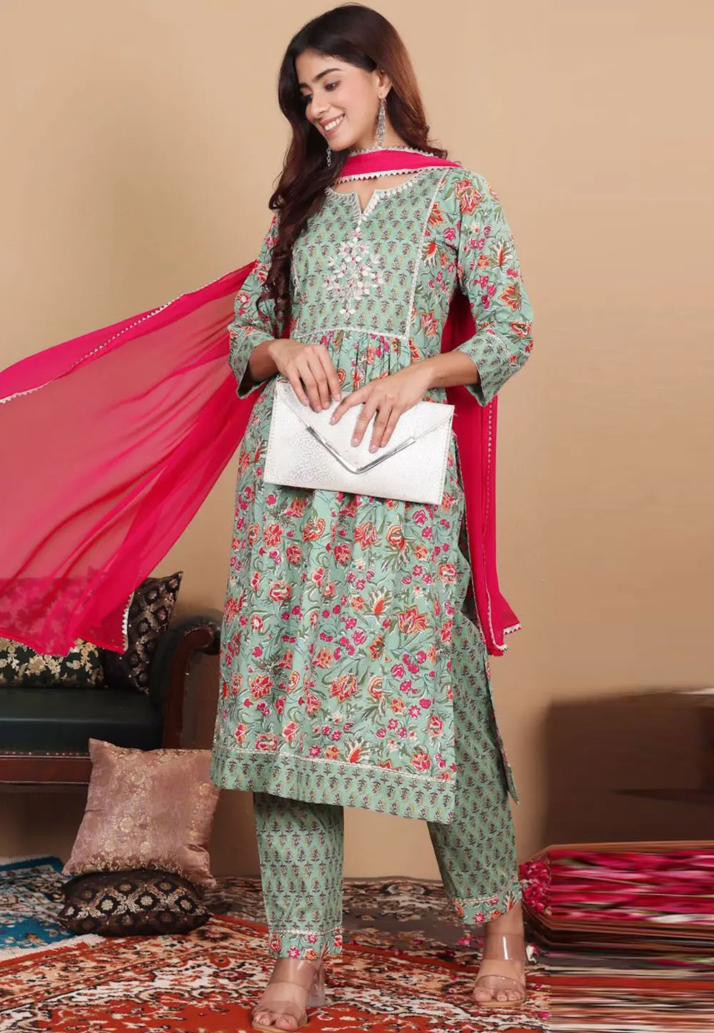 Sea Green Cotton Readymade Pant Style Suit 303856