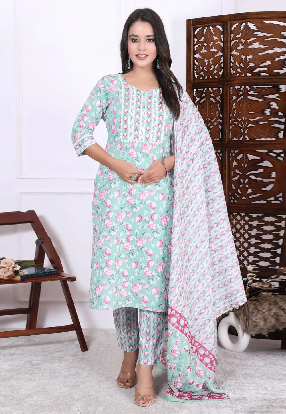 Sea Green Cotton Readymade Pant Style Suit 304610