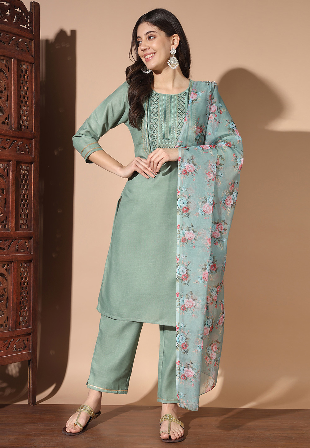 Sea Green Cotton Readymade Pant Style Suit 280910
