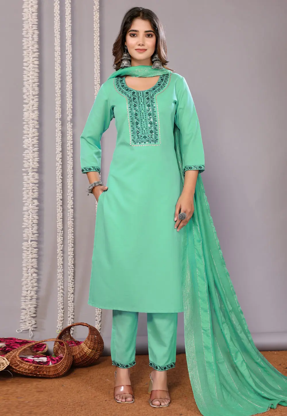 Sea Green Cotton Readymade Pant Style Suit 303225