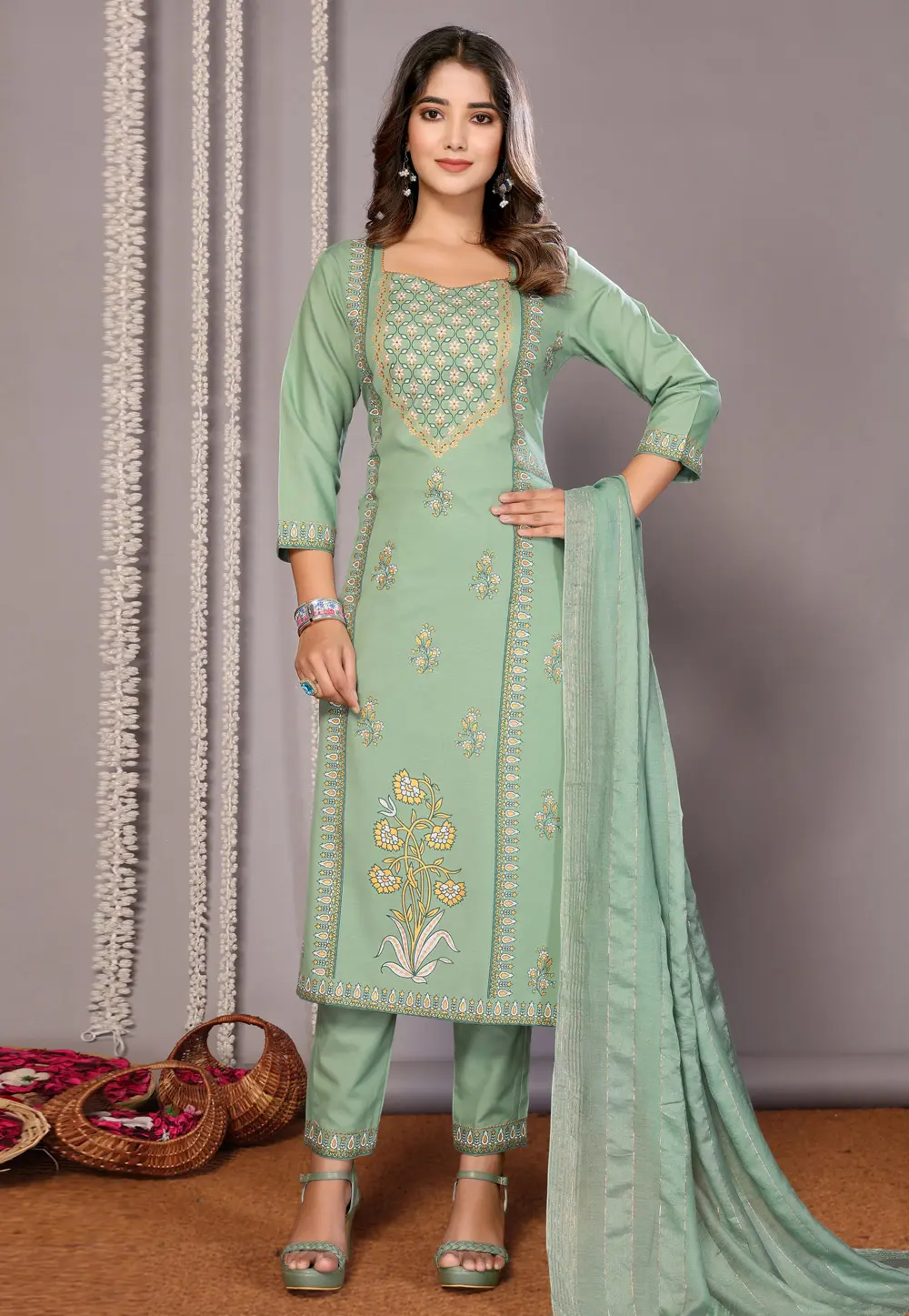 Sea Green Cotton Readymade Pant Style Suit 303229