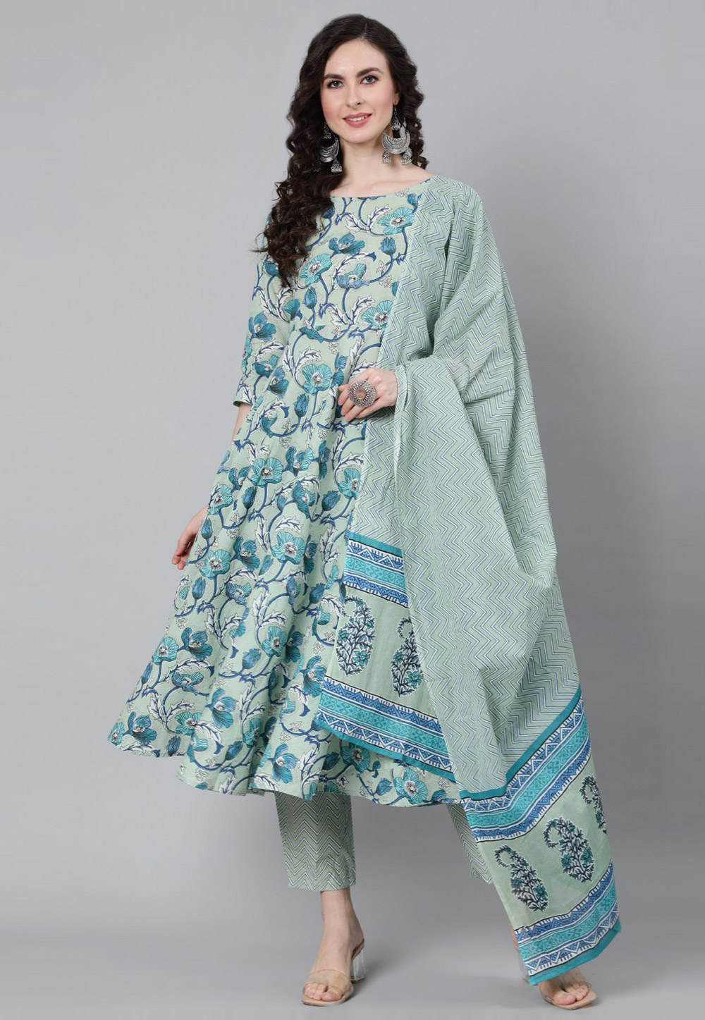 Sea Green Cotton Readymade Pant Style Suit 282102