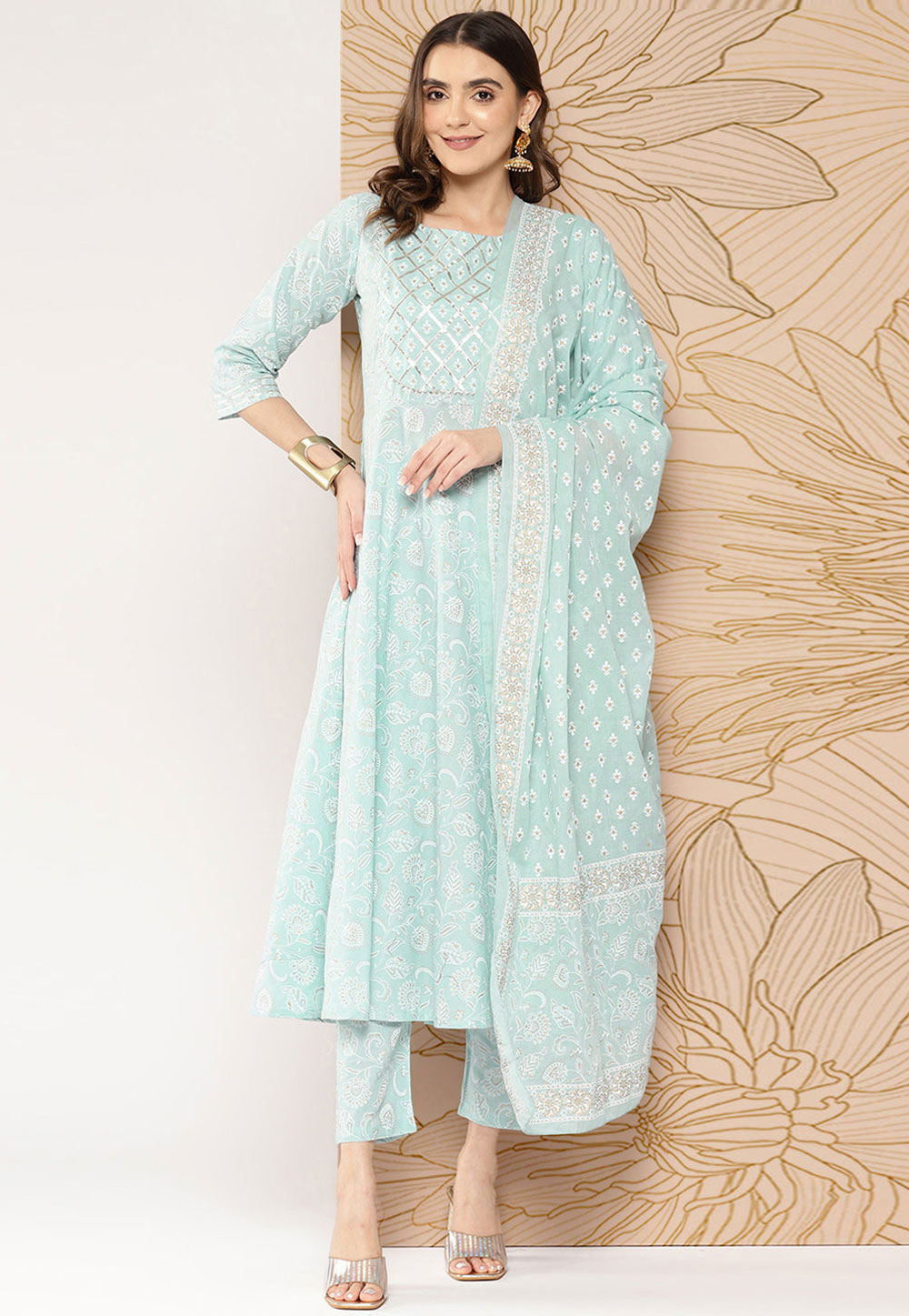 Sea Green Cotton Readymade Pant Style Suit 282170