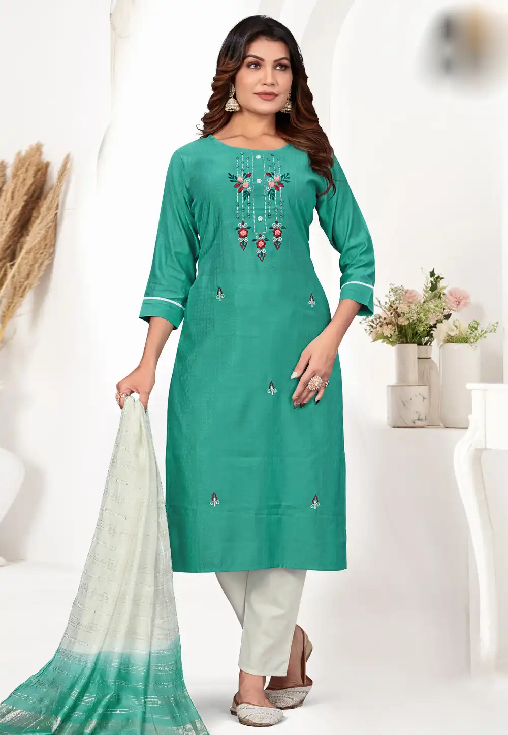 Sea Green Cotton Readymade Pant Style Suit 294270