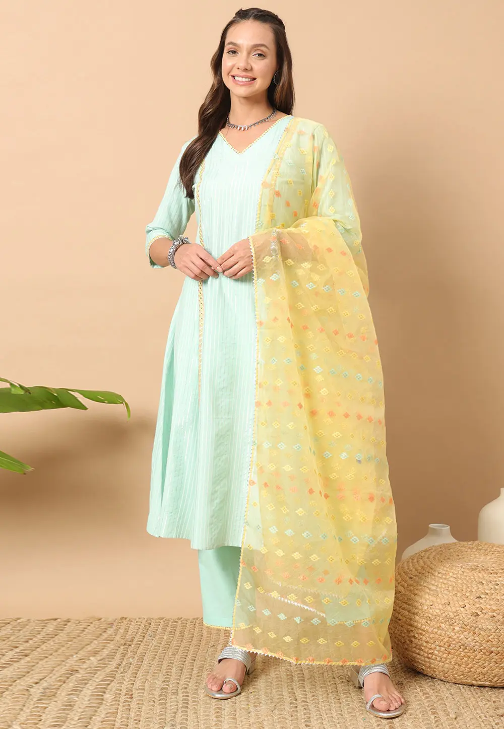 Sea Green Cotton Readymade Pant Style Suit 301371