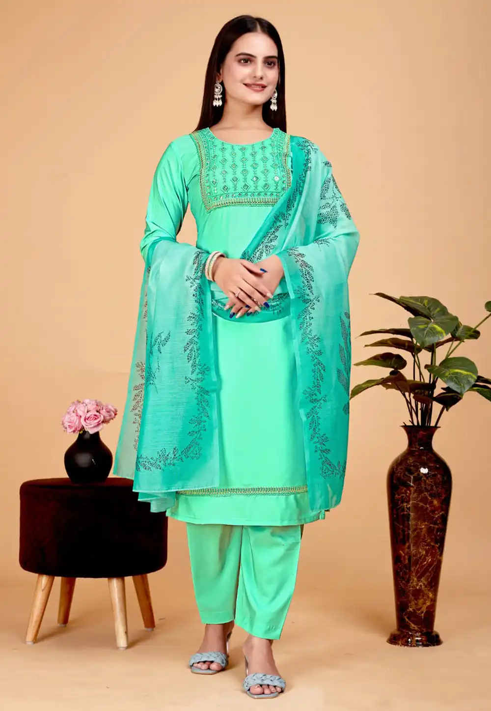 Sea Green Cotton Readymade Pant Style Suit 290437